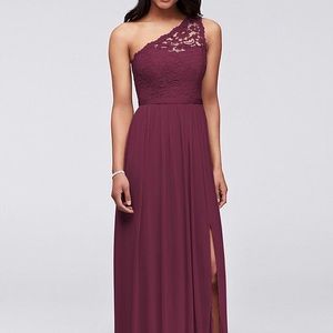David’s Bridal long one shoulder lace - wine color